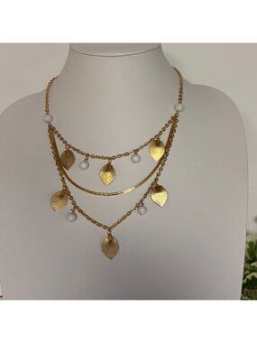 Gold-Plated Layered Necklace Textured Leaf White Bead Dangles Korea Timeless NEW